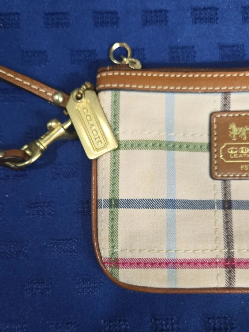 Coach Tattersall Canvas Wristlet with Tan Leather Trim